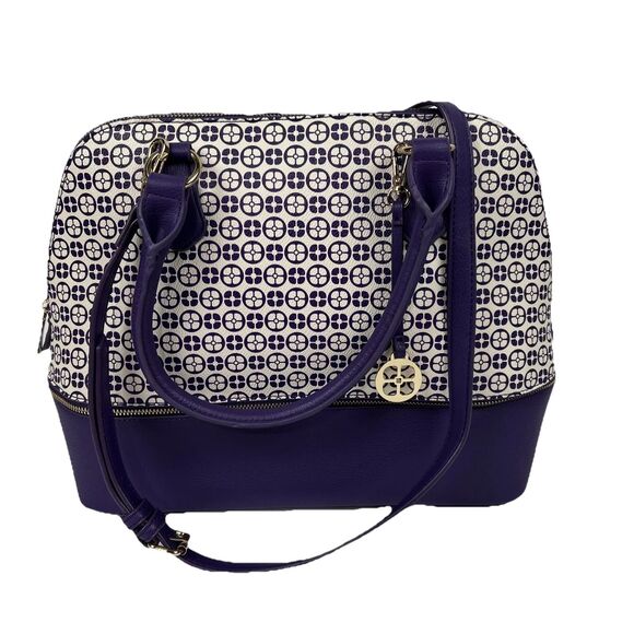 IMAN Handbags - Iman Global Chic Logo Print Dome Satchel Handbag Purse Purple Gold Trim Ivory
